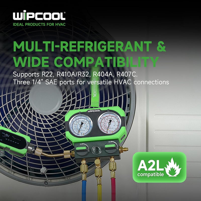 WIPCOOL Manifold Gauge Kits for R22 R410A/R32 R404A R407C Air Conditioning Refrigerants, with Sight Glass 3 * 1/4" SAE Ports, Shockproof Integrated Design - Image 3